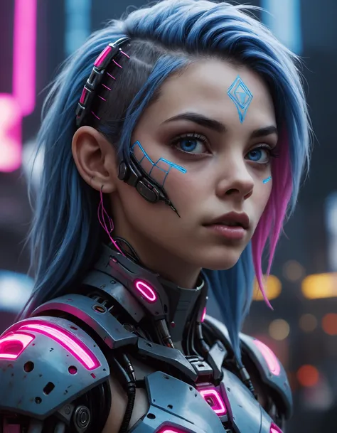 Ultra-high definition, cinematic portrait, a young cyborg woman with vibrant, blue hair, intricate cybernetic enhancements on her cheeks and forehead, piercing gaze, bathed in neon pink and blue hues, radiating determination and enigmatic intensity, against a dark, high-tech cityscape, shallow depth of field, dramatic lighting