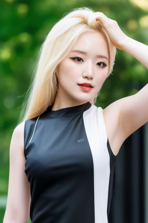 <lora:gidleShuhuaV1:1>,Shuhua,korean, woman,complex 3d render ultra detailed, smile, portrait of beautiful woman, moody portrait, striking features, beauty, intricate details, dramatic composition, tension, contrast, texture, realism, high-quality rendering, stunning art, high quality, film grain, Fujifilm XT3,swirly bokeh,(realistic, photo-realistic:1.2),RAW photo,physically-based rendering,(looking at viewer:1.4),(8k, best quality, masterpiece:1.2),(full body shot:1.1),octane render,extremely detailed CG, unity 8k wallpaper,in street,urban,city,(studio soft light,sunlight:1.2),(standing:1.1),(a girl is wearing sleeveless:1.5),hyper realistic detail shiny skin,ultra detailed,(ultra realistic:1.2),(intricate:1.2),(photorealistic:1.2),1girl,(skinny:1.3),detailed background ,(large breasts:1.1) ,