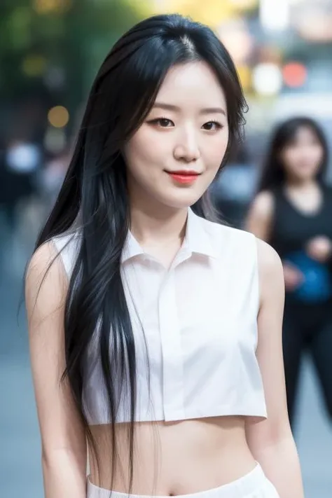 <lora:gidleShuhuaV1:1>,Shuhua,korean, woman,complex 3d render ultra detailed, smile, portrait of beautiful woman, moody portrait, striking features, beauty, intricate details, dramatic composition, tension, contrast, texture, realism, high-quality rendering, stunning art, high quality, film grain, Fujifilm XT3,swirly bokeh,(realistic, photo-realistic:1.2),RAW photo,physically-based rendering,(looking at viewer:1.4),(8k, best quality, masterpiece:1.2),(full body shot:1.1),octane render,extremely detailed CG, unity 8k wallpaper,in street,urban,city,(studio soft light,sunlight:1.2),(standing:1.1),(a girl is wearing sleeveless:1.5),hyper realistic detail shiny skin,ultra detailed,(ultra realistic:1.2),(intricate:1.2),(photorealistic:1.2),1girl,(skinny:1.3),detailed background ,(large breasts:1.1) ,