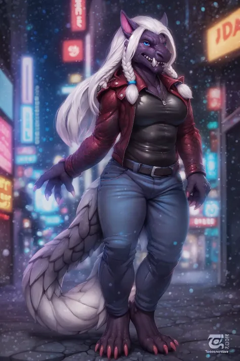 (by thesecretcave, by tojo the thief, by darkgem, by narse), odogaron, female, fanged wyvern, safe, jacket, (clothed, wearing leather jacket, topwear), bottomwear, jeans, blue eyes, akihabara, tokyo street, neon lights, claws, fangs, feet, anthro, looking at viewer, standing, muscular, black scales, sharp teeth, solo, tail, big tail, black body, long hair, braided hair, white hair