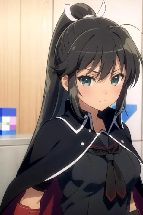 solo, 1girl, upper body, laughing, blush, <lora:if_v9NAI-000010:1>, if, green eyes, hair bow, bare shoulders, black tank top