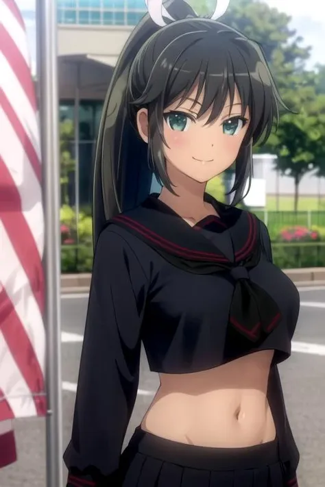 (((pixel-perfect, detail-perfect))), solo, 1girl, <lora:homura-senran:0.8>, homura, serafuku, midriff, looking at viewer, smile