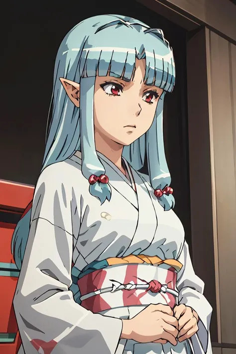 (masterpiece, best quality), 1girl, <lora:Tsugumomo_Kiriha:1> Kiriha, aqua hair, red eyes, long hair, hair beads, blunt bangs, parted bangs, pointy ears, KirihaKimono, japanese clothes, white kimono, (aqua obi:1.2), floral print,