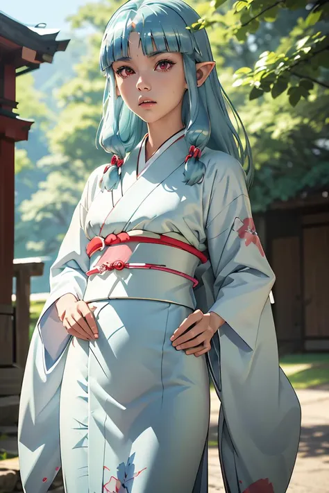(masterpiece, best quality), 1girl, <lora:Tsugumomo_Kiriha:1> Kiriha, aqua hair, red eyes, long hair, hair beads, blunt bangs, parted bangs, pointy ears, KirihaKimono, japanese clothes, white kimono, (aqua obi:1.2), floral print,