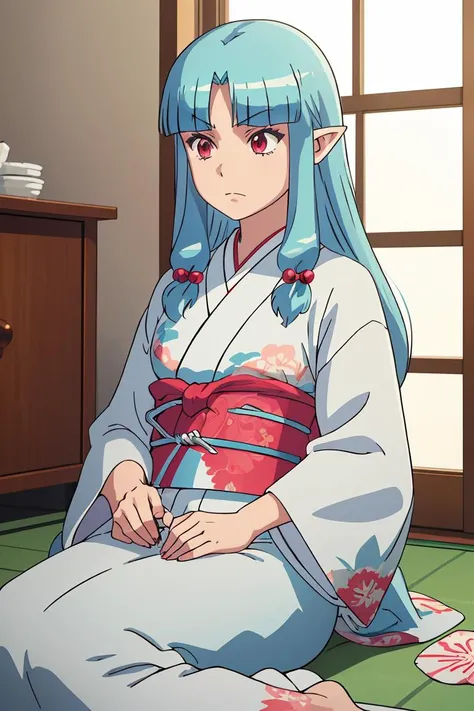 (masterpiece, best quality), 1girl, <lora:Tsugumomo_Kiriha:1> Kiriha, aqua hair, red eyes, long hair, hair beads, blunt bangs, parted bangs, pointy ears, KirihaKimono, japanese clothes, white kimono, (aqua obi:1.2), floral print,