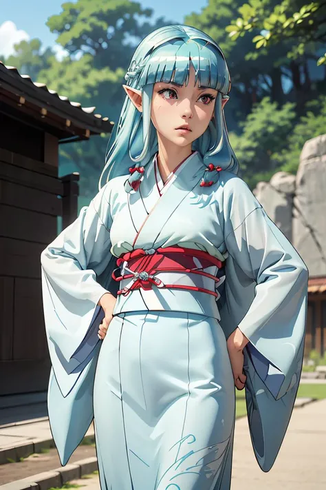 (masterpiece, best quality), 1girl, <lora:Tsugumomo_Kiriha:1> Kiriha, aqua hair, red eyes, long hair, hair beads, blunt bangs, parted bangs, pointy ears, KirihaKimono, japanese clothes, white kimono, (aqua obi:1.2), floral print,