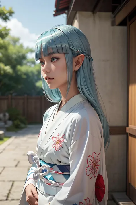 (masterpiece, best quality), 1girl, <lora:Tsugumomo_Kiriha:1> Kiriha, aqua hair, red eyes, long hair, hair beads, blunt bangs, parted bangs, pointy ears, KirihaKimono, japanese clothes, white kimono, (aqua obi:1.2), floral print,