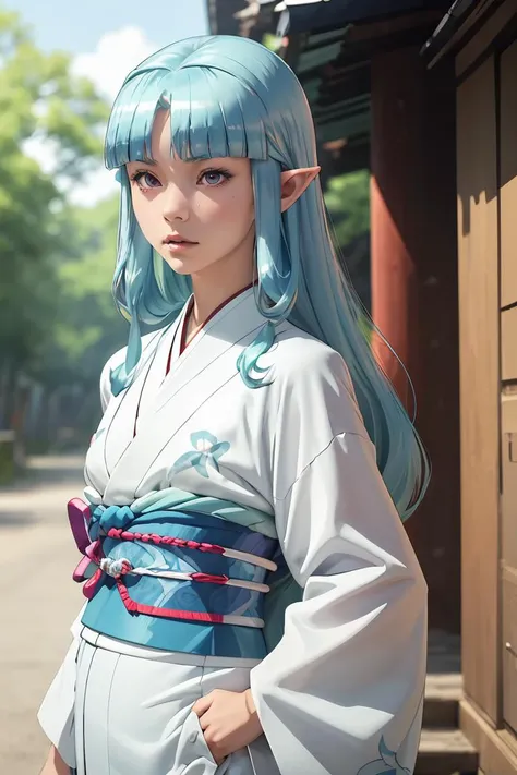 (masterpiece, best quality), 1girl, <lora:Tsugumomo_Kiriha:1> Kiriha, aqua hair, red eyes, long hair, hair beads, blunt bangs, parted bangs, pointy ears, KirihaKimono, japanese clothes, white kimono, (aqua obi:1.2), floral print,