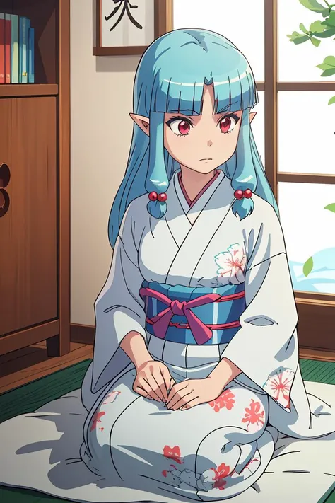 (masterpiece, best quality), 1girl, <lora:Tsugumomo_Kiriha:1> Kiriha, aqua hair, red eyes, long hair, hair beads, blunt bangs, parted bangs, pointy ears, KirihaKimono, japanese clothes, white kimono, (aqua obi:1.2), floral print,