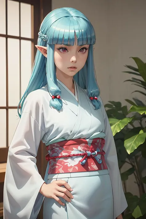 (masterpiece, best quality), 1girl, <lora:Tsugumomo_Kiriha:1> Kiriha, aqua hair, red eyes, long hair, hair beads, blunt bangs, parted bangs, pointy ears, KirihaKimono, japanese clothes, white kimono, (aqua obi:1.2), floral print,