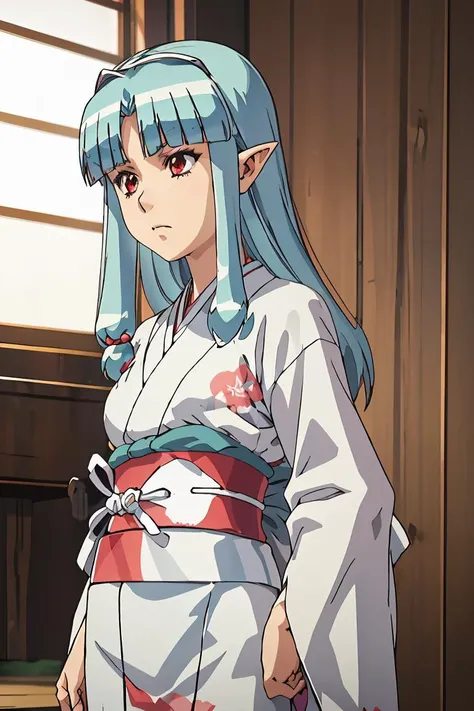 (masterpiece, best quality), 1girl, <lora:Tsugumomo_Kiriha:1> Kiriha, aqua hair, red eyes, long hair, hair beads, blunt bangs, parted bangs, pointy ears, KirihaKimono, japanese clothes, white kimono, (aqua obi:1.2), floral print,