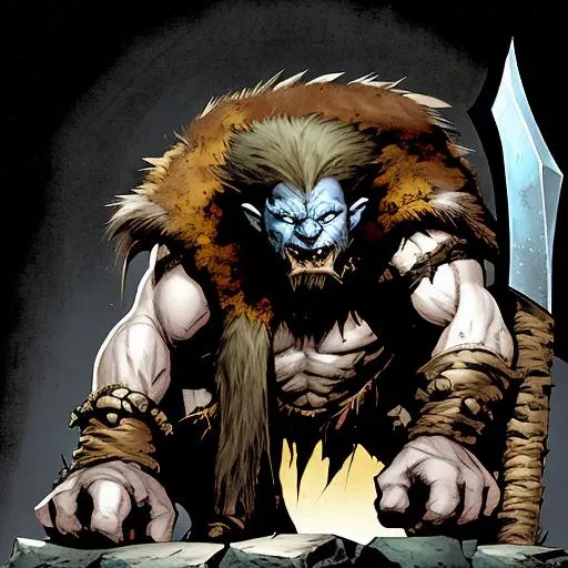 Evang, Comic DC Comics Marvel Cover Art rugged and grizzled leader of a troll army siting on a cracked stone throne surrounded by his minions holding a battle ax and standing on skull as a foot rest, spiked armor shoulder guards and a animal pelts coat, style of Arthur Adams