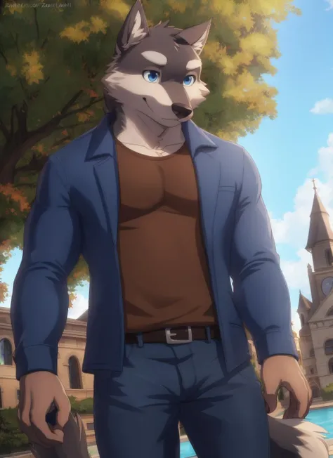 <lora:kuugo-07:0.9>, kuugo, solo, (soft shading), 4k, hi res, detailed face, detailed eyes, detailed, (full body), by zackarry911, by zaush, (by personalami:0.5), zootopia style, brown shirt, jeans, bara, muscular, fountain, blue eyes, wolf tail, town, ((blue jacket)), open jacket, low angle view