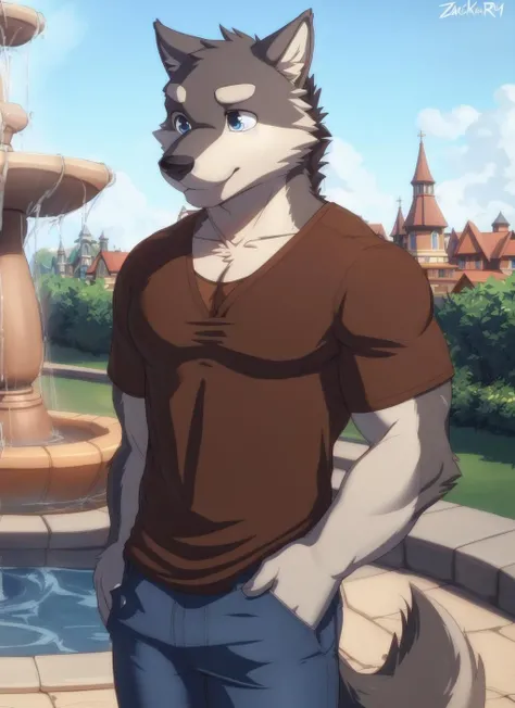 <lora:kuugo-07:0.9>, kuugo,  solo, (soft shading), 4k, hi res, detailed face, detailed eyes, detailed, (full body), by zackarry911, by zaush, (by personalami:0.5), zootopia style, brown shirt, jeans, pectorals, bara, muscular, fountain,  blue eyes, wolf tail, town,
