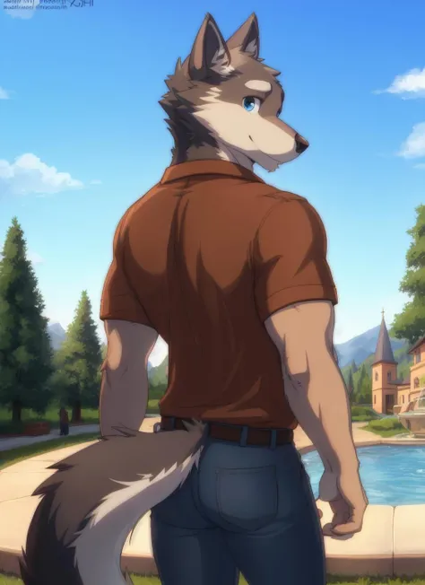 <lora:kuugo-07:0.9>, kuugo,  solo, (soft shading), 4k, hi res, detailed face, detailed eyes, detailed, (full body), by zackarry911, by zaush, (by personalami:0.5), zootopia style, brown shirt, jeans, bara, muscular, fountain,  blue eyes, wolf tail, town, back at viewer, back on viewer, ass, landscape,