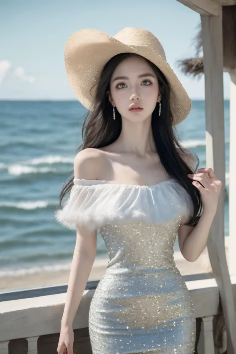(Best Quality, Masterpiece:1.4), (Realism:1.2), (Realisitc:1.2), (Absurdres:1.2), (photorealistic:1.3), Realistic Skin,Solo,( Very Big Eyes,beautiful detailed eyes, symmetric eyes,), ((cowboy shot)),1girl,solo,
Elegant,detailed gorgeous face,realistic,dappled sunlight,(seaside background),,MIS,shiny dress,fur trim,<lora:MIS46:0.75>