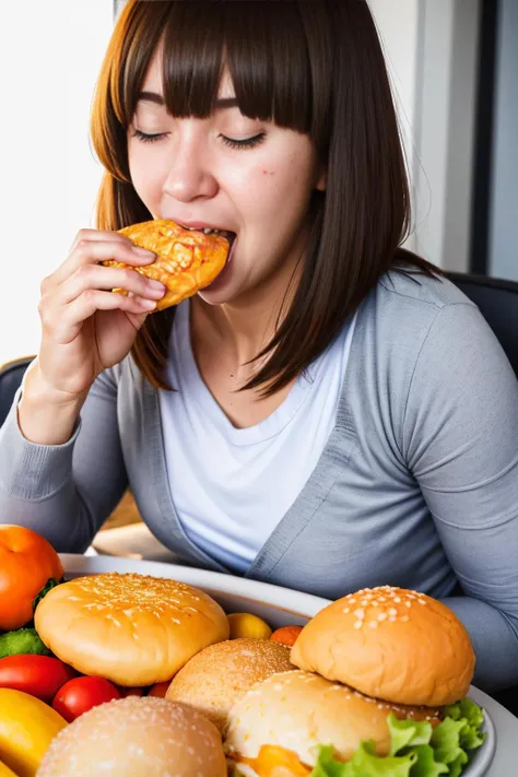A fat woman with black hair is sitting barefoot on the bed with her feet in front of her eating a hamburger. .. the feet and soles need to show