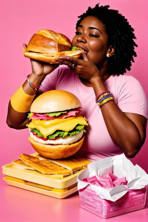 (Realisitc:1.5) gluttony, fat, pink background, yellow shirt, toast, lettuce, cheese, egg, dark skin, tissue box, bracelet, t-shirt, <lora:EdobGluttony_v1.0:0.8>