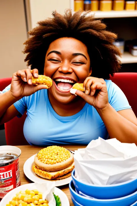 (Realisitc:1.5) gluttony, fat, pov across table, open mouth, tissue box, braid, facial hair, chopsticks, corn, smile, afro, pov across table, <lora:EdobGluttony_v1.0:0.8>