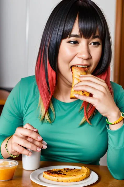 (Realisitc:1.5) gluttony, long sleeves, blunt bangs, bracelet, multicolored hair, scar, black eyes, solo, green shirt, pov across table, lips, <lora:EdobGluttony_v1.0:0.8>
