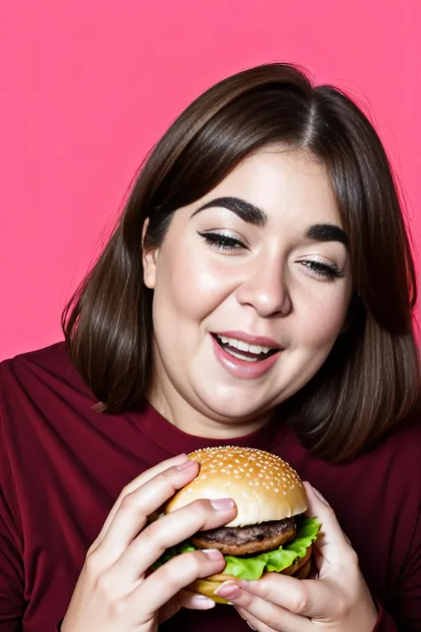 (Realisitc:1.5) gluttony, thick eyebrows, photo background, looking away, burger, red shirt, pink theme, 1boy, holding spoon, eyelashes, mole under eye, <lora:EdobGluttony_v1.0:0.8>