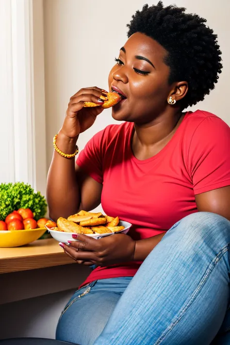 (Realisitc:1.5) gluttony, fat, dark-skinned male, red shirt, yellow shirt, dark-skinned female, black hair, black nails, solo focus, snack, indoors, 1girl, <lora:EdobGluttony_v1.0:0.8>