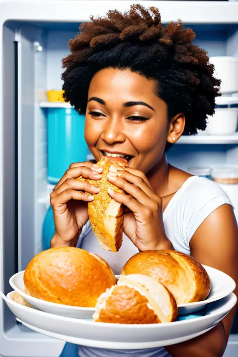 (Realisitc:1.5) gluttony, eating, artist name, frills, braid, pudding, polka dot, toast, afro, refrigerator, very short hair, <lora:EdobGluttony_v1.0:0.8>