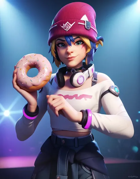 score_9, score_8_up, score_7_up, score_6_up, hi-res, 8k, 2.5d,medium shot, concert stage,  looking at viewer,  solo focus,headphones,  beanie, multicolored hair , holding a big donut  <lora:KirikoLS-35:1>