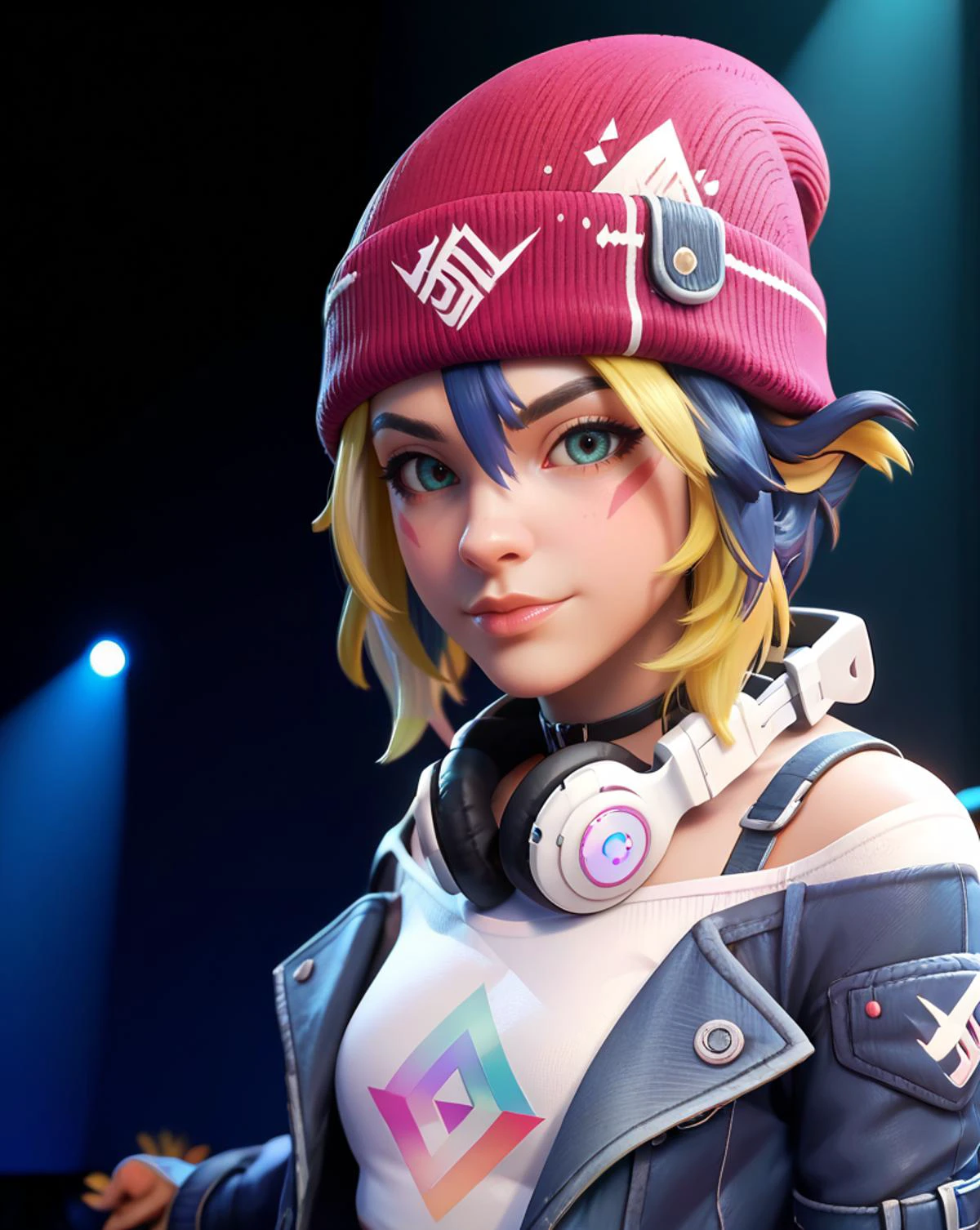 score_9, score_8_up, score_7_up, score_6_up, hi-res, 8k, 2.5d,medium shot, concert stage, looking at viewer, solo focus,headphones, beanie, multicolored hair , <lora:KirikoLS-35:1>