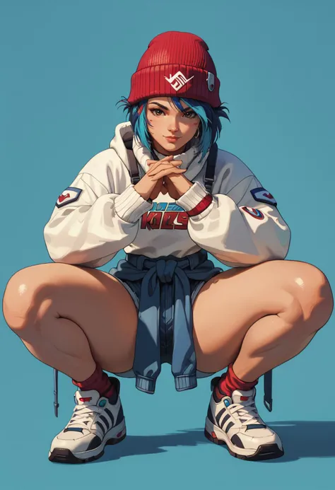 score_9, score_8_up, score_7_up, <lora:KirikoLS:0.7> KirikoLS, Beanie, multicolored hair, (huge hips: 1.), (thick legs: 1.3), short pants, sweater around the waist, Crouching pose, <lora:Kenva:0.7> knva, halftone effect, retro artstyle