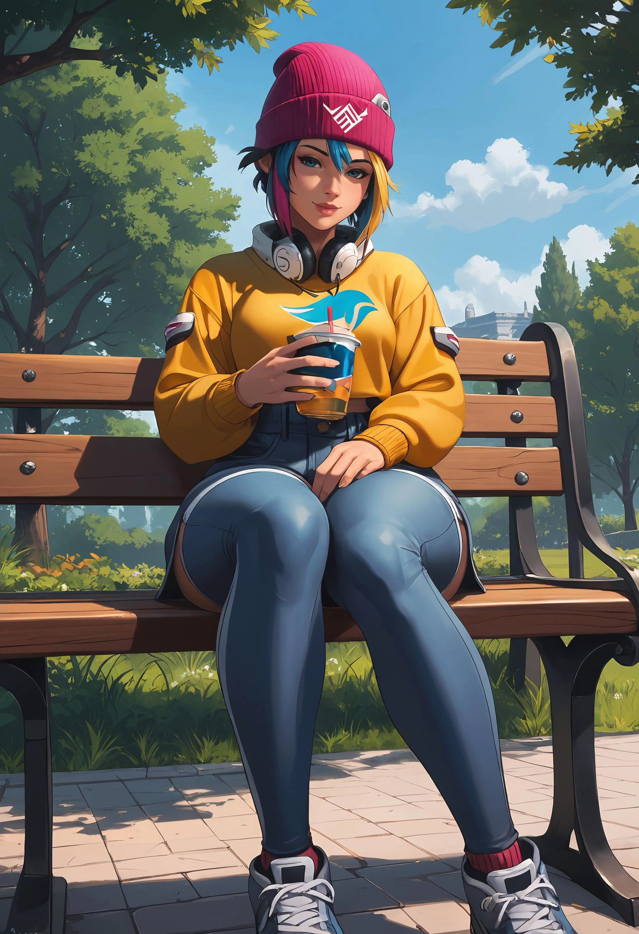 score_9, score_8_up, score_7_up, <lora:KirikoLS:0.7> KirikoLS, Beanie, multicolored hair, (huge hips: 1.), (thick legs: 1.3), bench, short pants, sweater around the waist, sitting, low angle, park