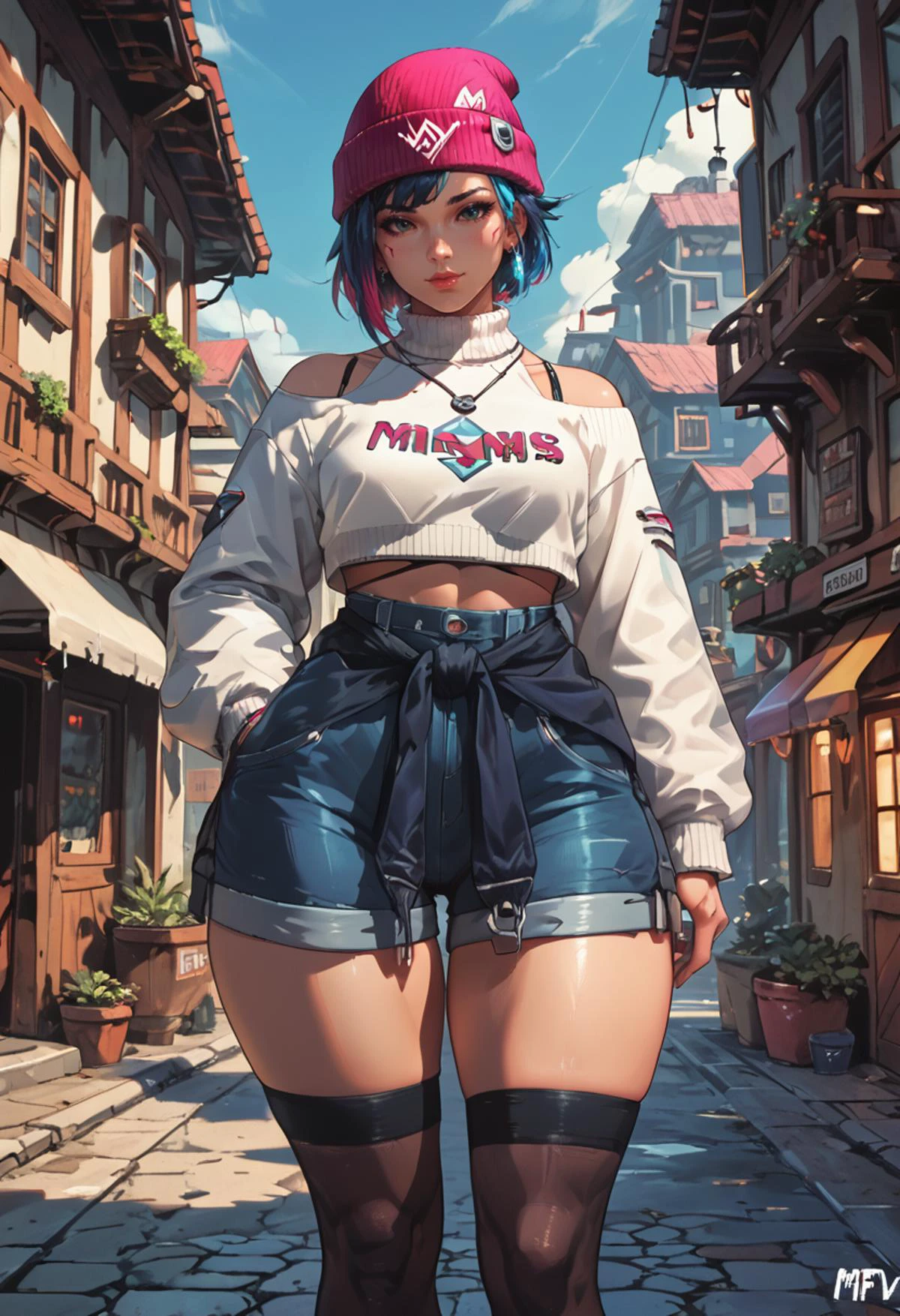 score_9, score_8_up, score_7_up, <lora:KirikoLS:0.7> KirikoLS, Beanie, multicolored hair, (huge hips: 1.3), (thick legs: 1.3), futuristic town, short pants, sweater around the waist,
<lora:m1ntfl4v0r2XLP:1> m1ntfl4v0r2