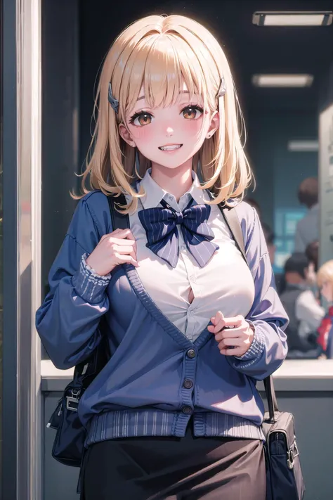 (masterpiece:1.3),(highly detailed:1.3),(highres:1.1),best quality,Ultra-detail,1girl,solo,tia,tia,shirt,skirt,bowtie,cardigan,school uniform,hands on own chest,looking at viewer,grin,blush,<lora:tia-nikke-richy-v1:0.7>,