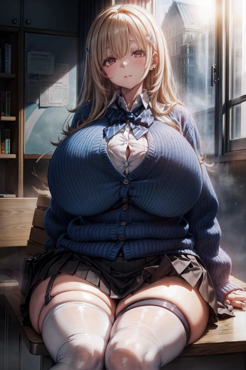 detailed illustration, close up, low camera angle, of a mature chubby woman, tia, hair ornament, white shirt, bowtie, blue cardigan, sleeves past wrists, short skirt, panties, school uniform, white thighhighs, thigh strap, jewelry, earrings, thick thighs, plump, (gigantic breasts:1.4), sitting, desk, indoors, classroom, cinematic lighting, hires, volumetric lighting, highly detailed background, masterpiece, <lora:add_detail:0.5> <lora:hairdetailer:0.5> <lora:tia-nikke-richy-v2:1>