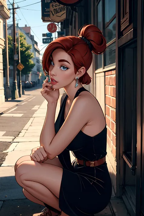 A young naked Spanish woman looking out a window from behind with long hair and a tank top, looking out the window at colorful Cordoba city buildings in what appears to be a lively urban setting. masterpiece, best quality, 1 girl, purple eyes, orange hair
