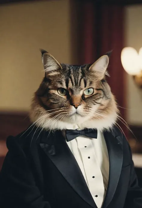 cinematic photo analog style photo of a very serious and fat cat wearing a tuxedo, cinematic lighting, photography, retro, film, kodachrome. wes anderson movie, still from stanley kubrick movie, 35mm photograph, film, bokeh, professional, 4k, highly detailed