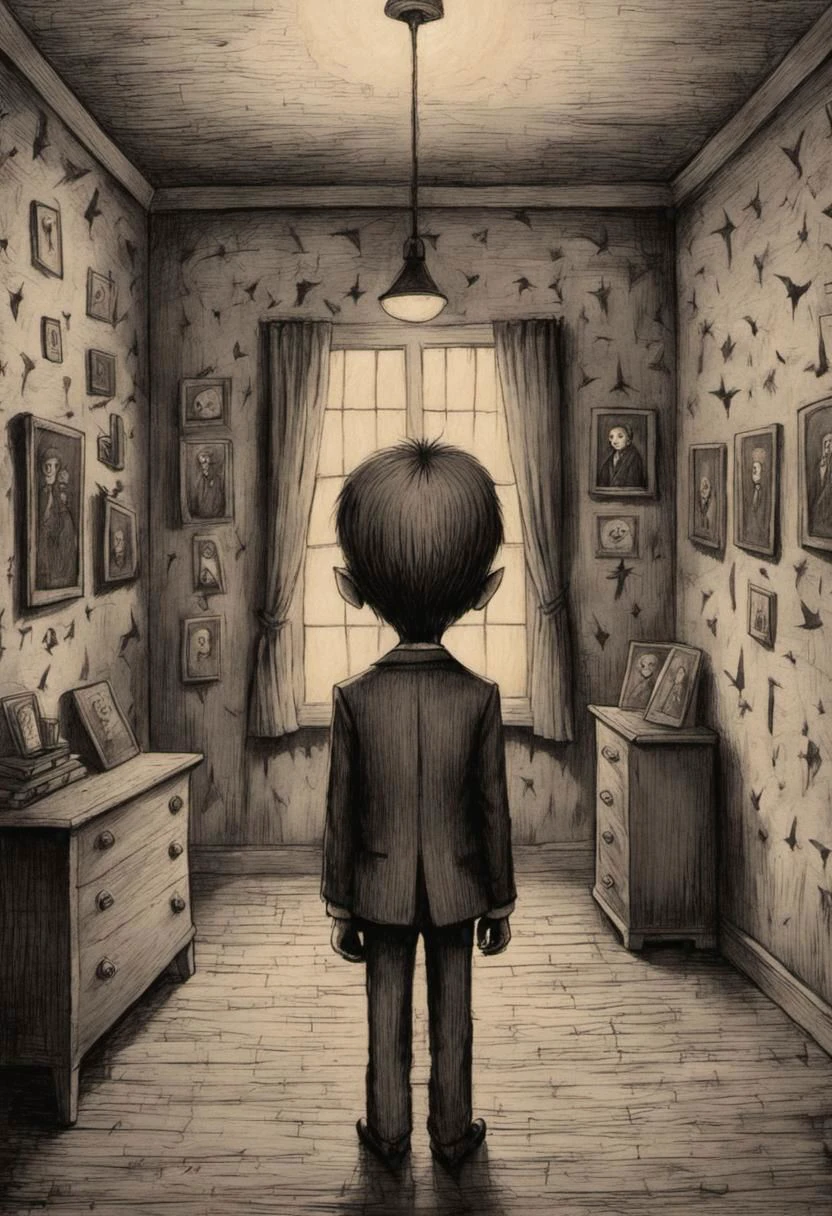 sketch art of a {creepy child, suit, room, scene from a weird movie} By (john kenn Mortenssen:1.36), detailed background, masterpice, trending on artstation, best quality, 4k textures, ultra detailed