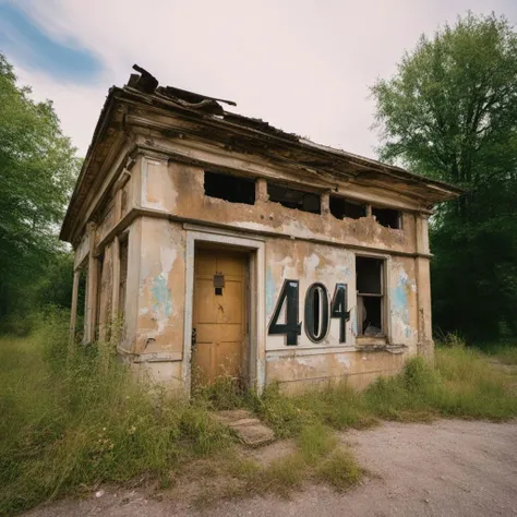 (Realism)) A photo by Famous Photographer (David LaChapelle) (Canon Eos 300mm film , wide angle lens) of (metal house number "404"), on an abandoned building, entrance, decay, hyper detailed, natural lighting, studio quality, film grain, UHD, DSLR, sharp focus, 8k high definition, UHD ,DSLR, professional film photography, trending on Artstation, professional photo, insanely detailed, intricate details , masterpiece