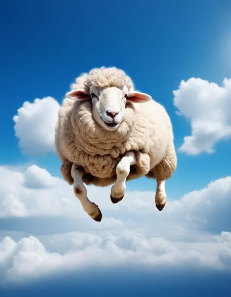 Hyperrealistic art Cheerful Cloud Sheep jumping in the Sky of Dreams . Extremely high-resolution details, photographic, realism pushed to extreme, fine texture, incredibly lifelike