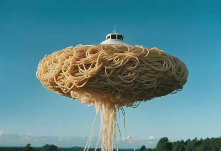 cinematic photo analog style portrait of an a spaceship carrying a giant mound of spaghetti, in the middle a hurricane, canon 5 0 mm, cinematic lighting, photography, retro, film, kodachrome. wes anderson movie, still from stanley kubrick movie, 35mm photograph, film, bokeh, professional, 4k, highly detailed