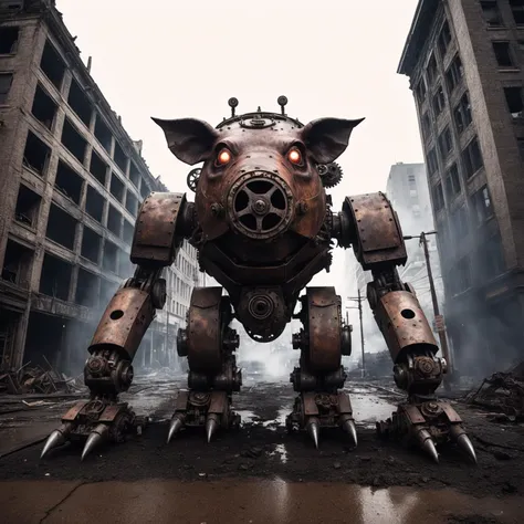 Dystopian style wide angle photo, 1 8 mm canon 5 d mark 3, f 1 8, of a scary giant, concept art looking domestic pig robot, with precice gears, steam, rust, it is rampaging in a city on fire, in the style of a kaiju momster movie . Bleak, post-apocalyptic, somber, dramatic, highly detailed