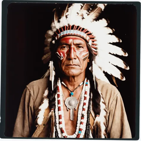 polaroid photo man a Native American leader As Crazy Horse, a Lakota war leader known for his pivotal role in the Battle of the Little Bighorn against U.S. federal troops., War paint and tomahawk, symbolizing the resistance of Native American tribes against Western expansion. . flash photography, light bleed, scratches, Terry Richardson style