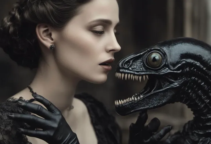 moody cinematic, realistic photo of (elegant victorian era woman:1.2) interacting with (eerie:1.3) (black slug xenomorph:1.125), (hands in frame, touching face, strong face expression:1.05), (perfect feminine hands, anatomically correct fingers, perfect feminine anatomy, perfect feet:1.15), (perfect eyes, ideal round cornea:1.1), (sharp focus on eyes, perfect natural skin texture with blemishes, realistic skin, skin covered with moisture slime:1.15)