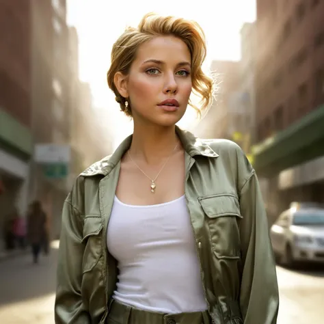 portrait, A city where the buildings are made of clouds and the streets are made of mist, Woman, Short, in shape, Diamond-Shaped Face, Tan Skin, Golden Blonde Hair, Hazel Eyes with Green Flecks, Straight Nose, Pouty Lips, Receding Chin, Shoulder-Length Hair, Wavy Hair, High Chignon, augmented breasts, Dangle earrings, silver, satin lipstick, Digital Art, wearing Adventure Traveler: Cargo pants, utility jacket, and hiking boots., <lora:more_details:0.6>,sunrays shine upon it