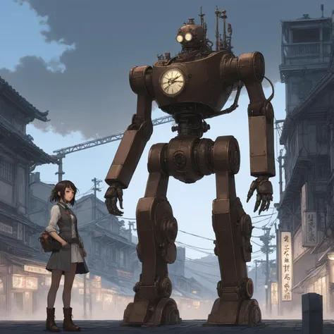 Dystopian style a full body portrait of a confident mechanic atop a steampunk robot, city with sakuras, studio lighting delicate features finely detailed perfect art, at an ancient city, gapmoe yandere grimdark, trending on pixiv fanbox, painted by greg rutkowski makoto shinkai takashi takeuchi studio ghibli . Bleak, post-apocalyptic, somber, dramatic, highly detailed