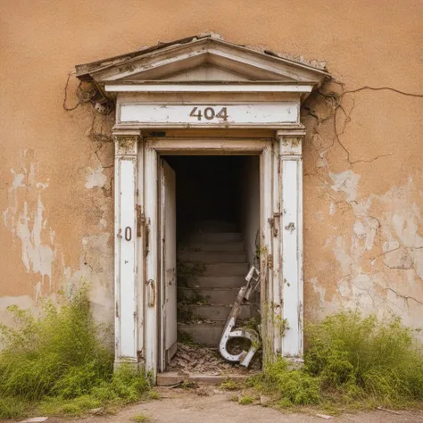 (Realism)) A photo by Famous Photographer (David LaChapelle) (Canon Eos 300mm film , wide angle lens) of (metal house number ("404")), on an abandoned building, entrance, decay, hyper detailed, natural lighting, studio quality, film grain, UHD, DSLR, sharp focus, 8k high definition, UHD ,DSLR, professional film photography, trending on Artstation, professional photo, insanely detailed, intricate details , masterpiece