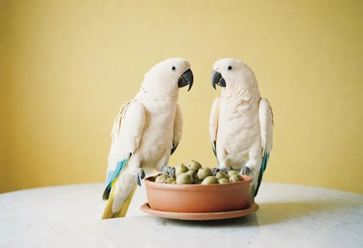 Two parrots in the table Flock in the style of shige's visual aesthetic style, light white, rinko kawauchi, tabletop photography, olive cotton, lomo lc-a, simple and elegant style