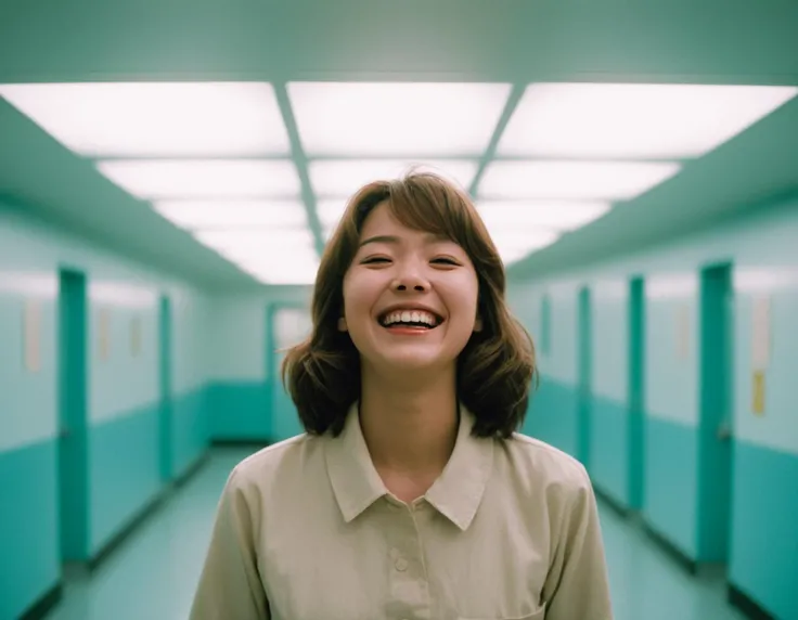 cinematic photo analog style portrait of an nice quality and nice everything painting of a nice portrait of the popular girl at the psych ward laughing at the viewer, by Katsuhiro Otomo, Yoshitaka Amano, Nico Tanigawa, and Artgerm rendered with 3D effect. . wes anderson movie, still from stanley kubrick movie, 35mm photograph, film, bokeh, professional, 4k, highly detailed