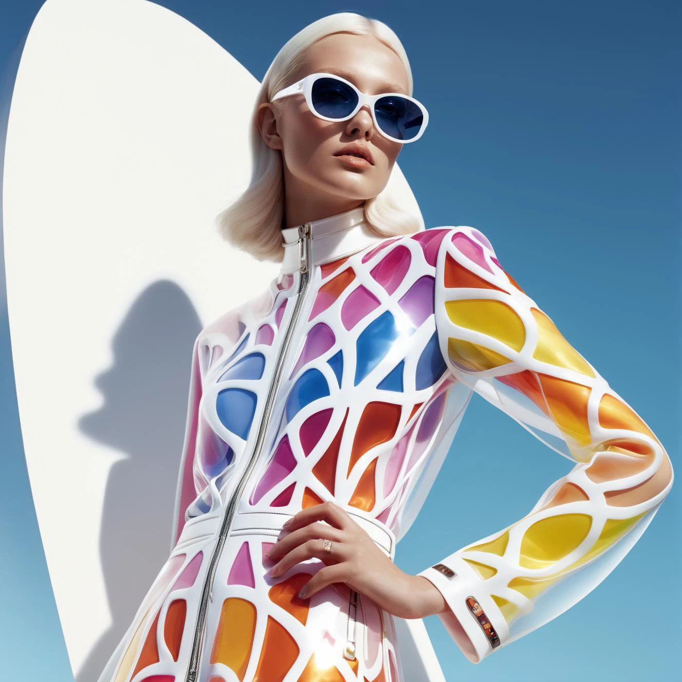 character design, luminogram, sharp focus, colorful, clear, detailed, cinematic, detailed, glamourous, vogue, prada, versace, fashion world, editorial, fashion, magazine shoot, fluff, dreamy glow, extraterrestrial, fantastic realism, kitsch outfit<lora:more_details:0.6>,radiant beams