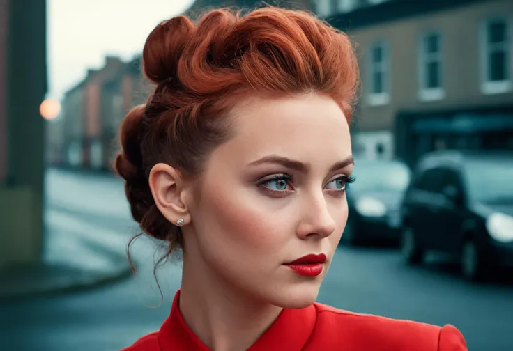 cinematic photo analog style portrait of an Digital art of  northern irish woman with  Red Chignon hair , photorealistic, curly hair, highly detailed, artstation, smooth, sharp focus, art by michael whelan, artgerm, Darek Zabrock . wes anderson movie, still from stanley kubrick movie, 35mm photograph, film, bokeh, professional, 4k, highly detailed